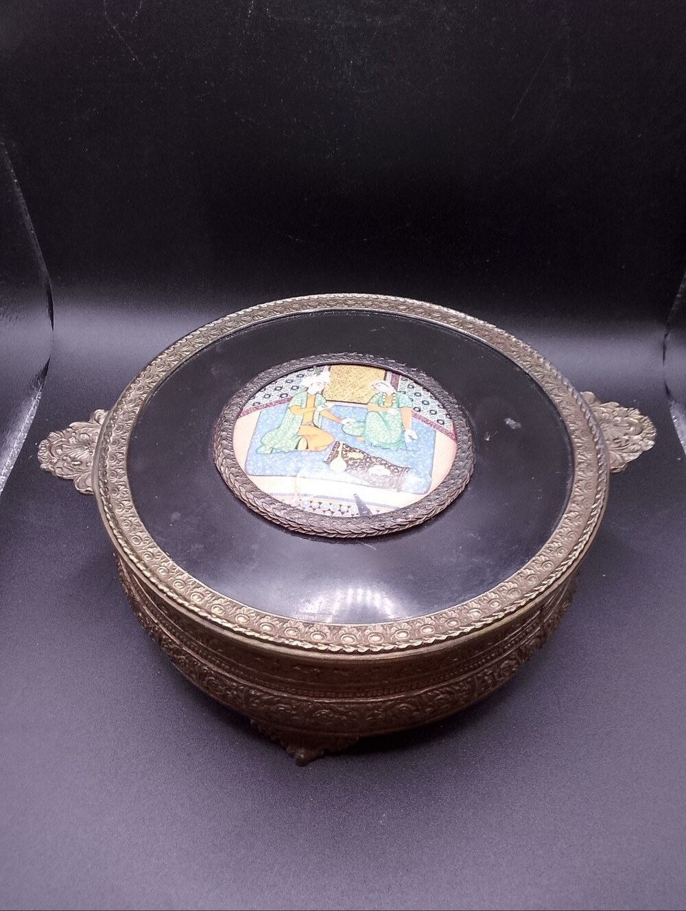 Antique Brass Servware With Glass Divided Dish Lid Asian Scene Heavy As Is